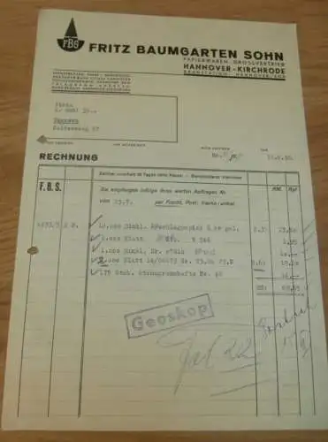 Papierwaren - Fritz Baumgarten Sohn in Hannover - Kirchrode , 1938 , altes Dokument !!