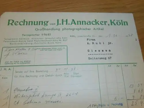 Photographische Artikel - J.H. Annacker in Köln , 1938 , Photographie , Kamera , altes Dokument !!