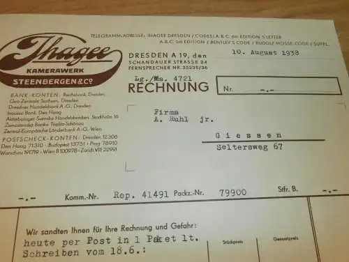alte Rechnung - Ihagee - Kamerawerk in Dresden , 1938 , Fabrik , Kamera , altes Dokument !!