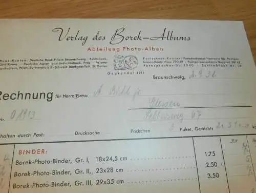 Verlag des Borek-Albums in Braunschweig , 1938 , Photoalbum , Fotoalbum ,  alte Rechnung / Dokument !!