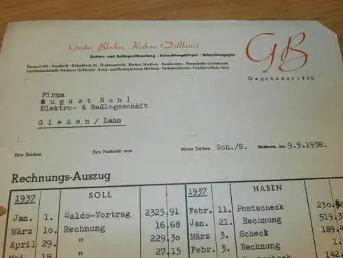 Radio - Grosshandel - Gustav Blecher in Herborn , 1938 , alte Rechnung / Dokument !!