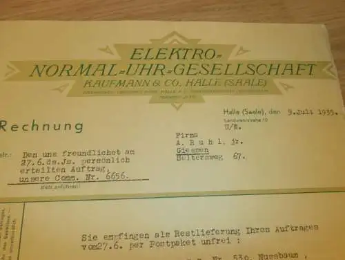 Elektro-Normal-Uhr-Gesellschaft , Kaufmann & Co. in Halle a. Saale , 1935 , altes Dokument !!!