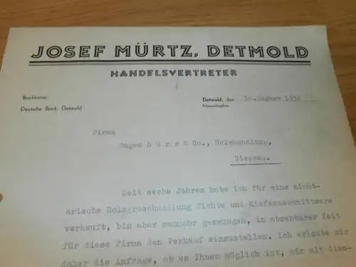 Handelsvertreter - Josef Mürtz in Detmold , 1938 , altes Dokument !!!