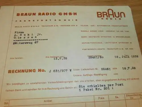 Braun Radio GmbH in Frankfurt am Main , 1938 , altes Dokument !!!