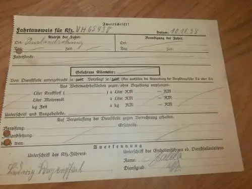 Fahrtausweis - Wehrmacht Heer , 1938 , Instandsetzung WH-65430 , Ludwig Wagenpfeil , Uffz. Halder  !!