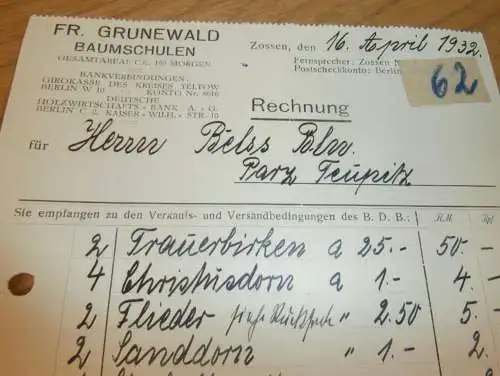 Baumschule - Fr. Grunewald in Zossen , 1932 , Reklame , Gärtnerei , Gartenbau , alte Rechnung , altes Dokument !