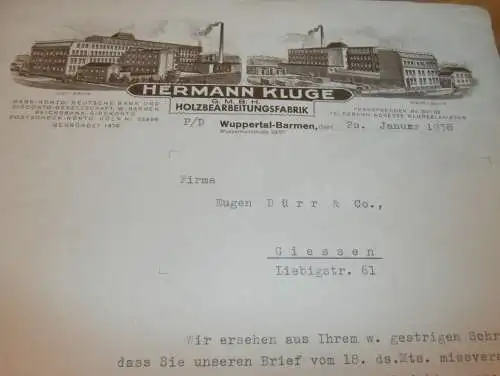 Holzfabrik - Hermann Kluge in Wuppertal-Barmen , 1938 , Reklame , alte Rechnung , altes Dokument !