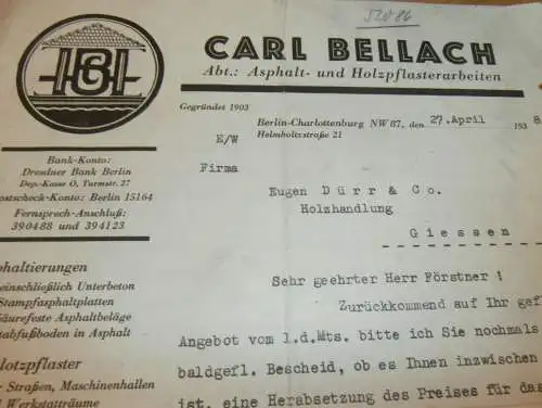 Asphalt- und Holzpflaster - Carl Bellach in Berlin-Charlottenburg , 1938 , Sägewerk Wallach , altes Dokument !!!