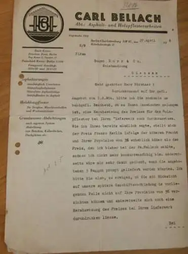 Asphalt- und Holzpflaster - Carl Bellach in Berlin-Charlottenburg , 1938 , Sägewerk Wallach , altes Dokument !!!