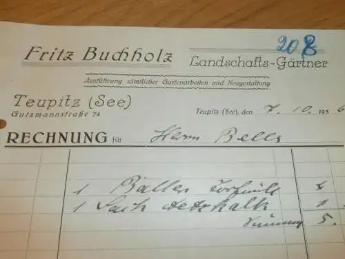 Landschaftsgärtner - Fritz Buchholz in Teupitz a. See , 1936 , Gärtnerei , Gartenbau , Hermann Bells !!