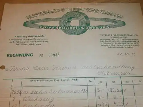 Treibriemen- und Lederfabrik - Fritz Schübel in Würzburg , 1952, altes Dokument !!!