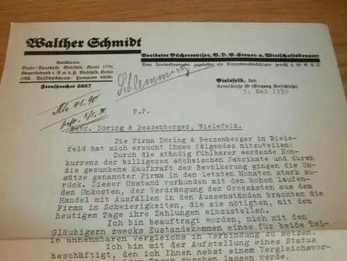 Bücherrevisor - Walther Schmidt in Bielefeld , 1930 , Döring & Bezzenberger in Bielefeld , altes Dokument !!!