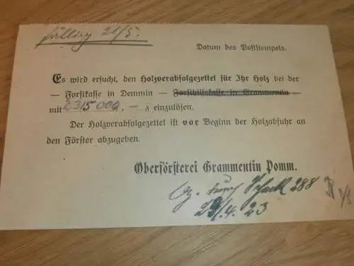 Oberförsterei in Grammentin i. Pommern , 1923 , Forst , Jagd , mit Marken , altes Dokument !!