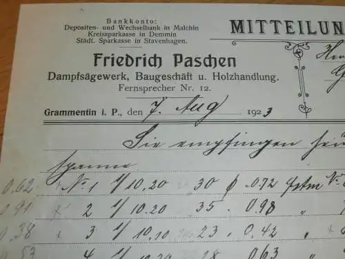 Dampfsägewerk - Friedrich Paschen in Grammentin i. Pommern , 1923 , altes Dokument !!