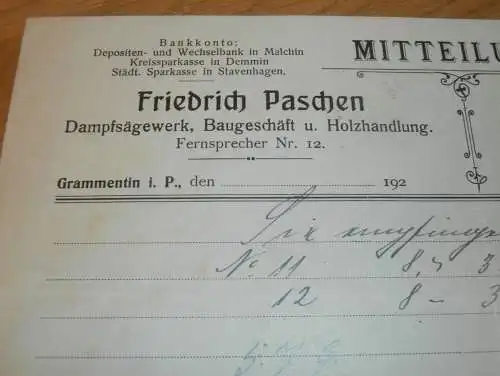 Dampfsägewerk - Friedrich Paschen in Grammentin i. Pommern , 1923 , altes Dokument !!