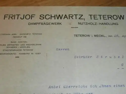 Dampfsägewerk - Fritjof Schwartz in Teterow i. Mecklenburg , 1923 , altes Dokument !!