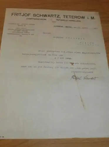 Dampfsägewerk - Fritjof Schwartz in Teterow i. Mecklenburg , 1923 , altes Dokument !!