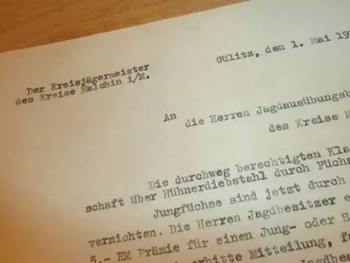 Kreisjägermeister Mecklenburg , Gülitz b. Malchin 1937 , Jagd , Fuchsjagd , Jäger , Diebstahl , Hühner ,altes Dokument !