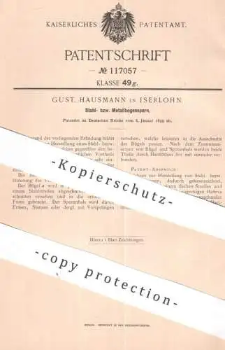 original Patent - Gust. Hausmann , Iserlohn | 1899 | Stahl- bzw. Metallbogensporn | Metall , Stahl , Fräse , Stanzen !!