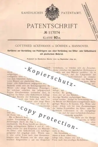 original Patent - Gottfried Ackermann , Döhren / Hannover | 1899 | Putzträger | Eisenstabgerippe mit Zement | Gitter Bau
