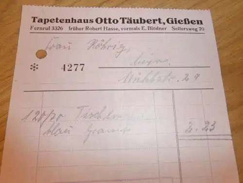 Otto Täubert / Robert Hasse - Tapetenhaus in Gießen , 1939 , Reklame , Giessen , altes Dokument !!!