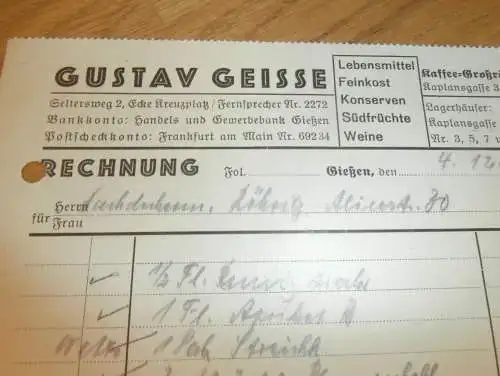 Gustav Geisse - Rösterei in Gießen , 1939 , Reklame , Giessen , altes Dokument !!!