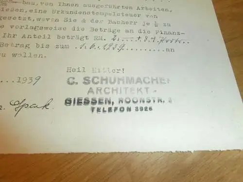 Architekt - C. Schuhmacher in Gießen , 1939 , Reklame , Giessen , altes Dokument !!!