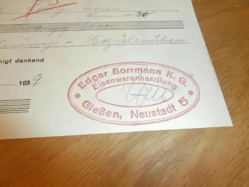 Eisenwaren - Edgar Borrmann in Gießen , 1939 , Reklame , Giessen , altes Dokument !!!