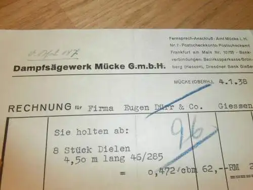Dampfsägewerk Mücke b. Gießen , 1938 , Reklame , Giessen , altes Dokument !!!