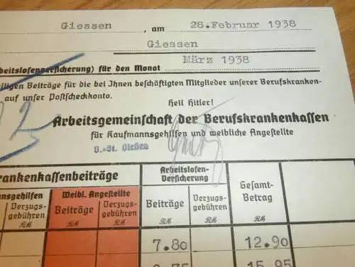 Arbeitsgemeinschaft der Berufskrankenkassen in Gießen , 1938 , Reklame , Giessen , altes Dokument !!!