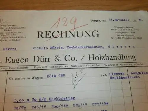 Holzhandlung - Eugen Dürr in Gießen , 1935 , Reklame , Giessen , altes Dokument !!!