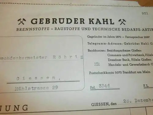 Brennstoffe - Gebrüder Kahl in Gießen , 1938 , Reklame , Giessen , altes Dokument !!!