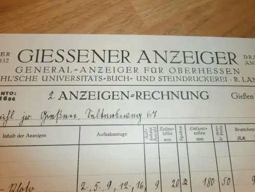 Giessener Anzeiger - Steindruckerei in Gießen , 1936 , Reklame , Giessen , altes Dokument !!!