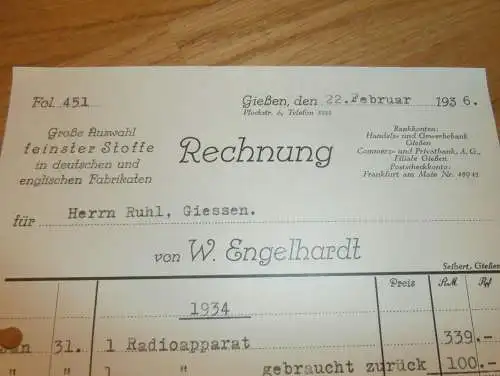 Feinste Stoffe - W. Engelhardt in Gießen , 1936 , Reklame , Giessen , altes Dokument !!!