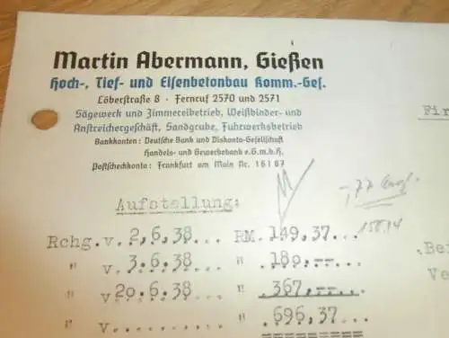 Hoch- und Tiefbau - Martin Abermann in Gießen , 1938 , Reklame , Giessen , altes Dokument !!!