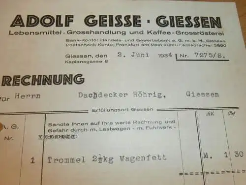 Kaffee-Rösterei - Adolf Geisse in Gießen , 1934 , Reklame , Giessen , altes Dokument !!!
