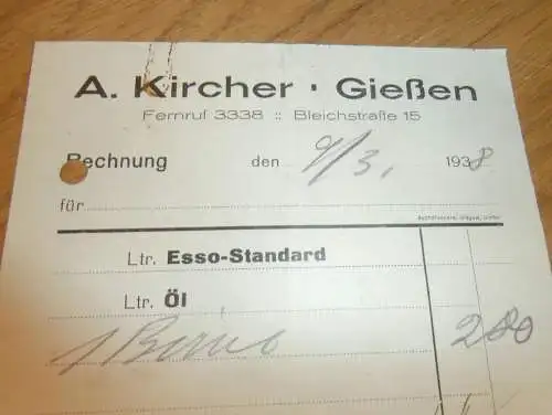 A. Kircher in Gießen , 1938 , Reklame , ESSO Standart OEL ,  Giessen , altes Dokument !!!