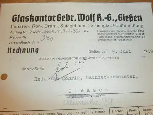 Glaskontor - Gebr. Wolf KG  in Gießen , 1939 , Reklame ,  Giessen , altes Dokument !!!
