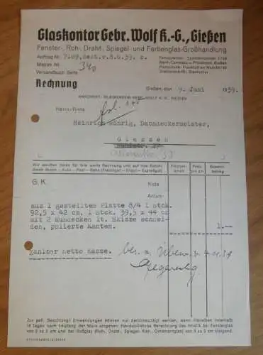 Glaskontor - Gebr. Wolf KG  in Gießen , 1939 , Reklame ,  Giessen , altes Dokument !!!