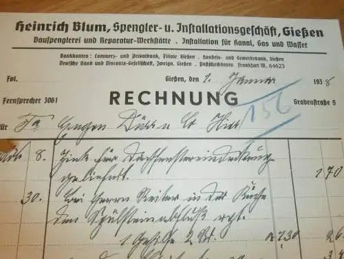 Spengler und Installation - Heinrich Blum in Gießen , 1938 , Giessen , altes Dokument !!!