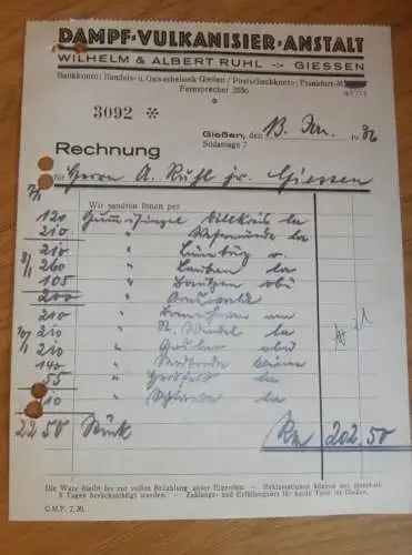 Dampf-Vulkanisieranstalt - Gießen , 1936 , Wilhelm & Albert Ruhl in Giessen , altes Dokument !!!