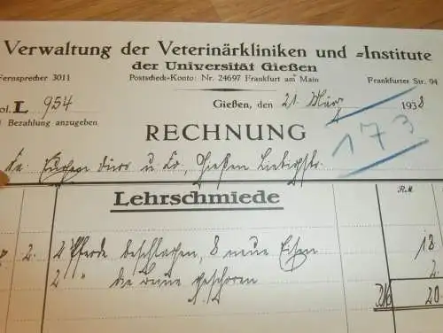 Verwaltung - Veterinärklinik Gießen 1938 , Universität , Giessen , altes Dokument !!!