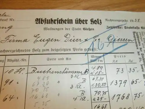 Waldungen der Stadt Gießen 1938 , Abfuhrschein über Holz , Giessen , altes Dokument !!!