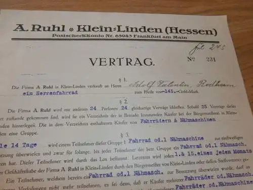 Vertrag für Fahrrad , 1925 , Adolf Valentin in Rodheim b. Rosbach , Fa. Ruhl in Kleinlinden b. Gießen , altes Dokument !
