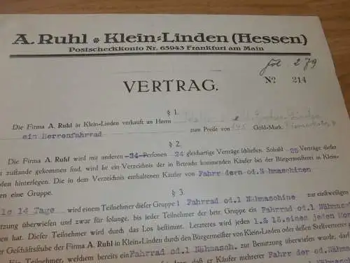 Vertrag für Fahrrad , 1925 , Walter Mehl in Großen Linden , Fa. Ruhl in Kleinlinden b. Gießen , altes Dokument !!