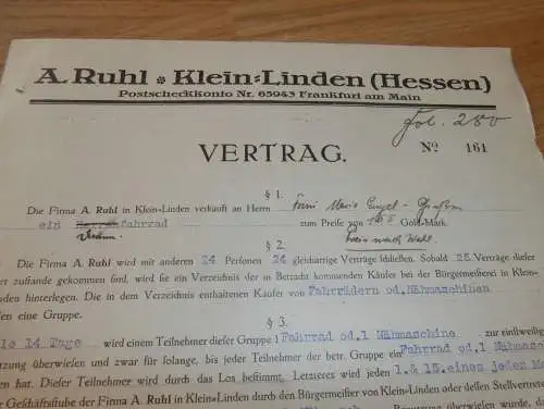 Vertrag für Fahrrad , 1925 , Marie Engel in Gießen , Fa. Ruhl in Kleinlinden b. Gießen , altes Dokument !!