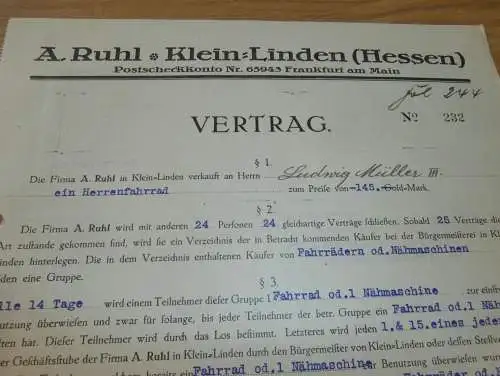 Vertrag für Fahrrad , 1925 , Ludwig Müller in Heuchelheim , Fa. Ruhl in Kleinlinden b. Gießen , altes Dokument !!