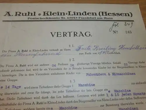 Vertrag für Fahrrad , 1925 , Fritz Kreiling in Heuchelheim , Fa. Ruhl in Kleinlinden b. Gießen , altes Dokument !!