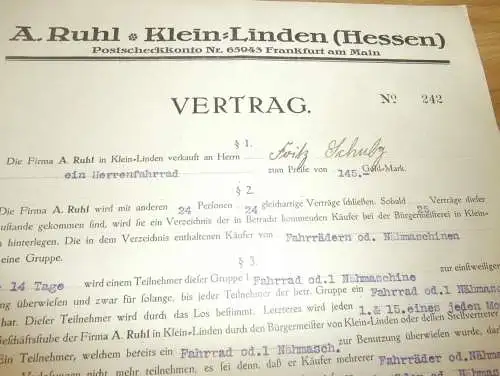 Vertrag für Fahrrad , 1925 , Fritz Schulz in Klein Linden , Fa. Ruhl in Kleinlinden b. Gießen , altes Dokument !!