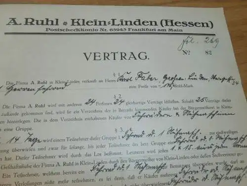Vertrag für Fahrrad , 1925 , Karl Faber in Großen Linden , Fa. Ruhl in Kleinlinden b. Gießen , altes Dokument !!